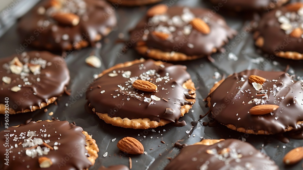 Homemade chocolate covered almonds on crackers Homemade chocolate covered almonds on crackers