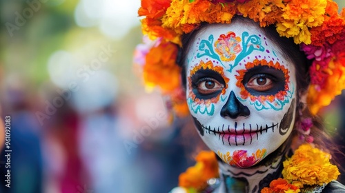 Colorful skull face paint on a participant in a Day of the Dead parade.