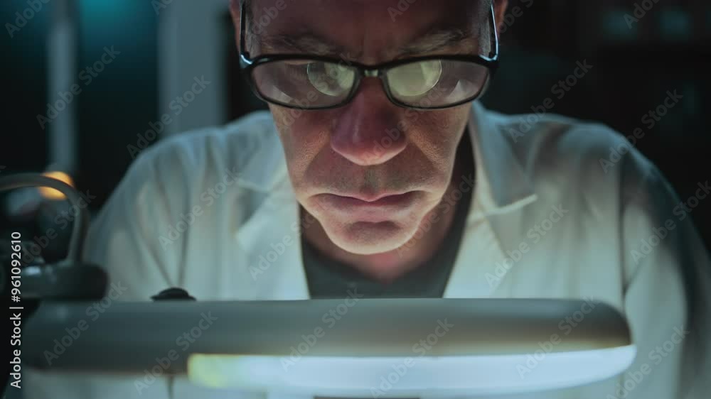 Scientist works in archaeological lab at night. Senior archaeologist takes measurements of fossil bone using professional measuring tool, studies remains of prehistoric human under magnifying lamp. Scientist works in archaeological lab at night. Senior archaeologist takes measurements of fossil bone using professional measuring tool, studies remains of prehistoric human under magnifying lamp.