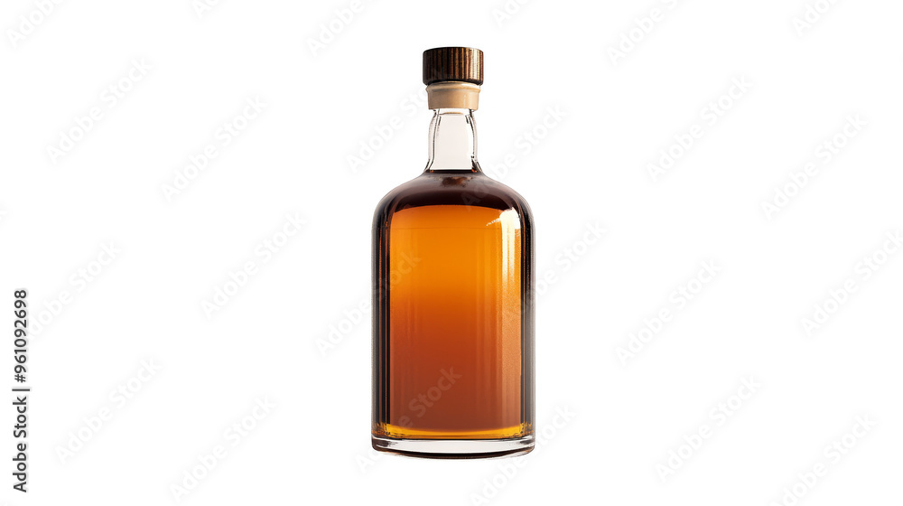 Glass Bottle of Amber Liquid Against a Colorful Pattern Background Glass Bottle of Amber Liquid Against a Colorful Pattern Background