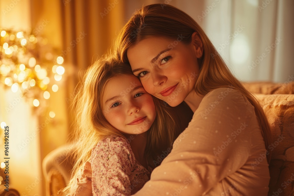 High-resolution brightly lit photorealistic candid photograph of a mother and daughter bonding together in a warm, inviting living room. The image is styled like a high-end lifestyle magazine, with a High-resolution brightly lit photorealistic candid photograph of a mother and daughter bonding together in a warm, inviting living room. The image is styled like a high-end lifestyle magazine, with a