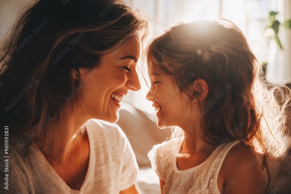 High-resolution brightly lit photorealistic candid photograph of a joyful mother and daughter sharing smiles in a cozy, sun-drenched living room. The image has a light, bright, and happy vibe, styled High-resolution brightly lit photorealistic candid photograph of a joyful mother and daughter sharing smiles in a cozy, sun-drenched living room. The image has a light, bright, and happy vibe, styled