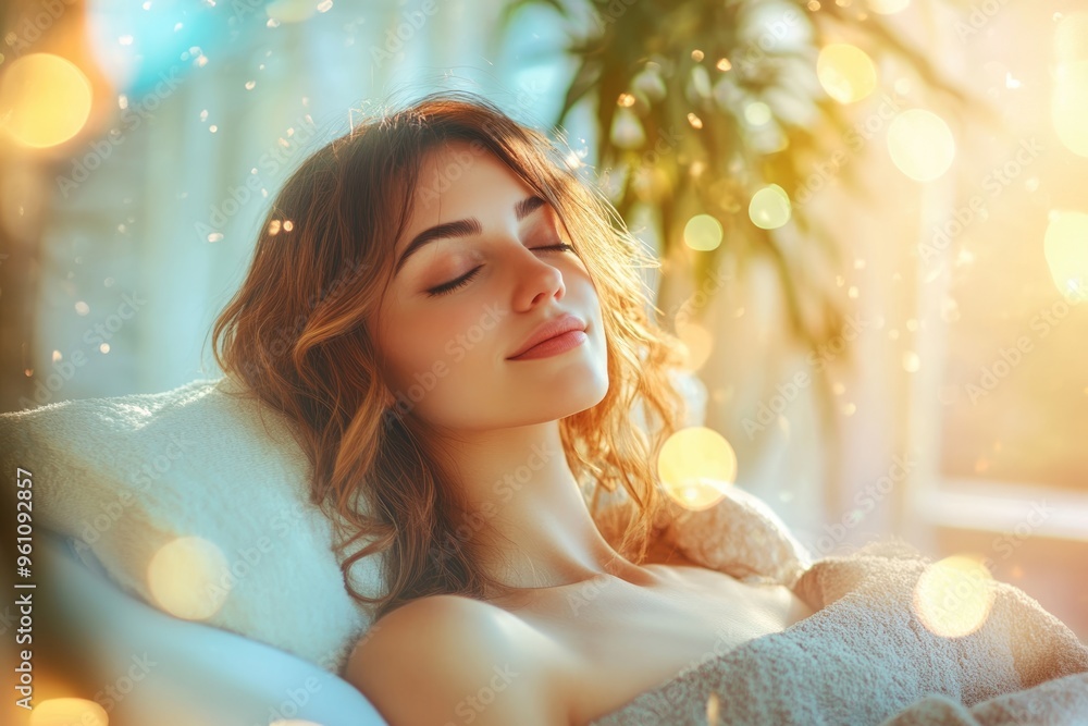 High-resolution brightly lit photorealistic photograph of a serene presenter woman enjoying a calm moment in a luxurious massage spa. The image is styled like a high-end lifestyle magazine, with a High-resolution brightly lit photorealistic photograph of a serene presenter woman enjoying a calm moment in a luxurious massage spa. The image is styled like a high-end lifestyle magazine, with a