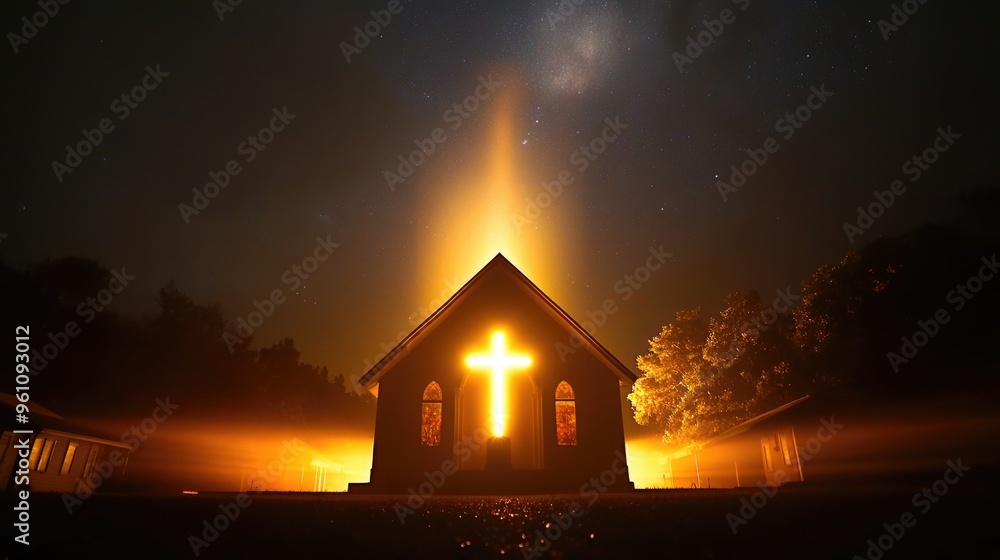 A church with a cross glowing from behind, illuminated by a miraculous light in the night sky, creating a scene of divine wonder. A church with a cross glowing from behind, illuminated by a miraculous light in the night sky, creating a scene of divine wonder.