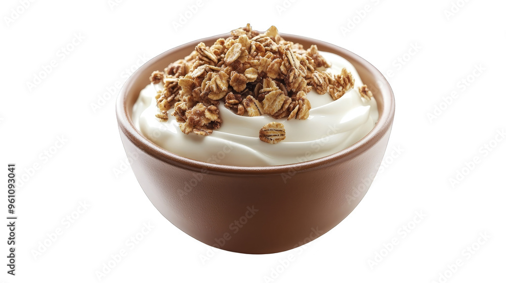 Close up of Granola and Yogurt in a Brown Bowl Close up of Granola and Yogurt in a Brown Bowl