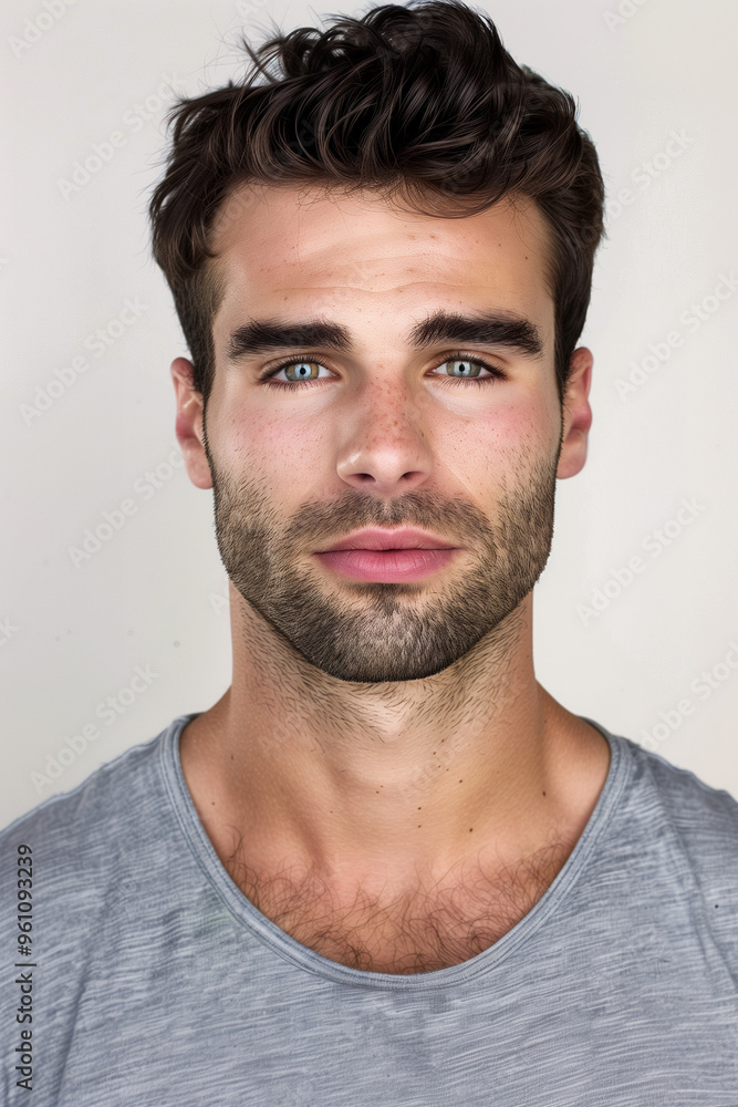 Fototapeta premium headshot of a handsome man with stubble and dark eyebrows with visible chest hair in a plain t-shirt