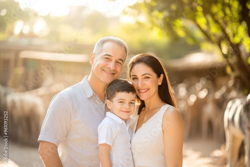 High-resolution brightly lit photorealistic candid photograph of a father, mother, and son standing together at the zoo, with a soft, creamy bokeh background. The scene is styled like a high-end