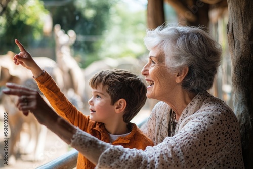 High-resolution brightly lit photorealistic candid photograph of a grandmother and grandchild exploring a zoo together, pointing out animals and sharing excitement. The photograph is styled like a