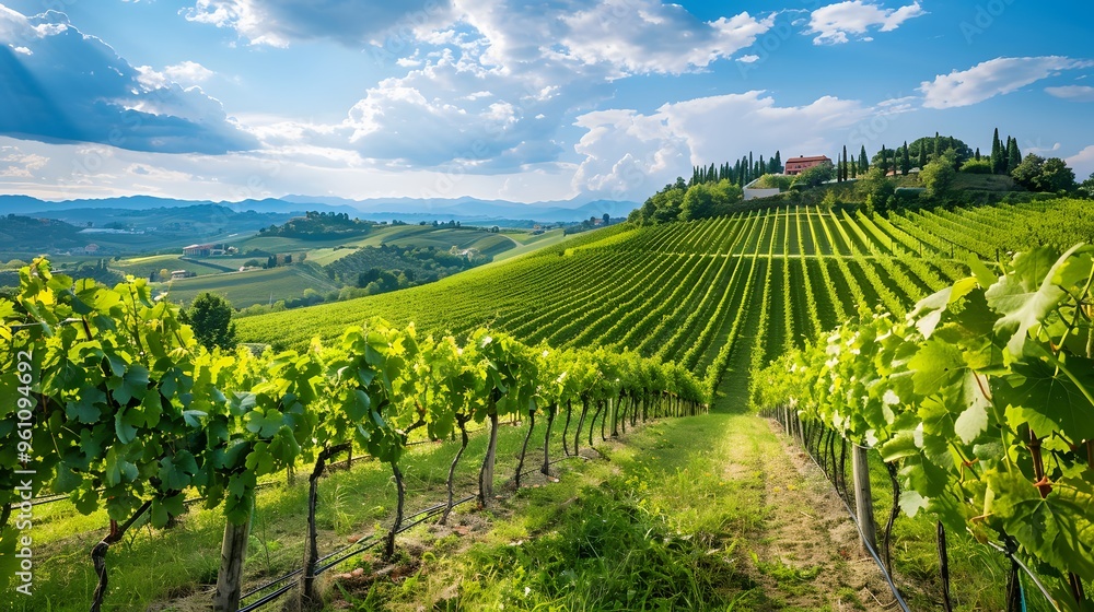 Fototapeta premium Lush Green Vineyard Landscape with Rolling Hills and Blue Sky