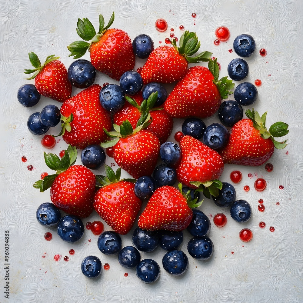 Vibrant Arrangement of Juicy Strawberries and Blueberries on Crisp White Surface with Soft Diffused Vibrant Arrangement of Juicy Strawberries and Blueberries on Crisp White Surface with Soft Diffused