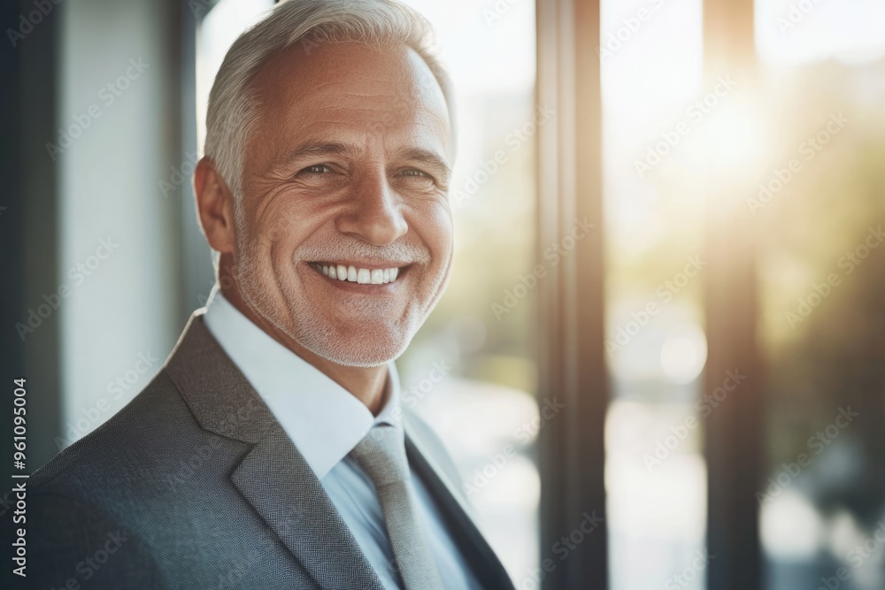 Fototapeta premium High-resolution brightly lit photorealistic candid photograph of a smiling senior businessman, styled in a high-end lifestyle magazine. The light, bright setting highlights his joyful demeanor.
