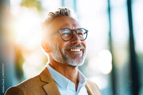 High-resolution brightly lit photorealistic candid photograph of a joyful senior businessman styled like a high-end lifestyle magazine. The bright, uplifting ambiance complements his joyful photo