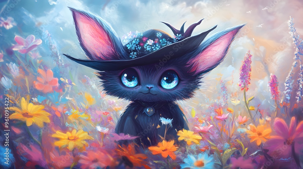 Cute Fantasy Animal with Flowers and Hat Cute Fantasy Animal with Flowers and Hat