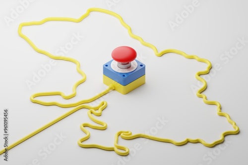 Isometric 3d rendering Emergency Button Ukraine flag with country map pattern made from cable, crisis conflict war concept design illustration isolated on white background with copy space