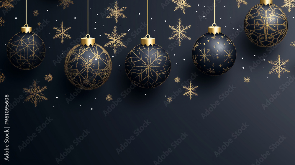 Merry christmas greeting vector design. Christmas balls hanging with black, glitter, shiny and glossy elements in snowflakes pattern elegant background. Merry christmas greeting vector design. Christmas balls hanging with black, glitter, shiny and glossy elements in snowflakes pattern elegant background.