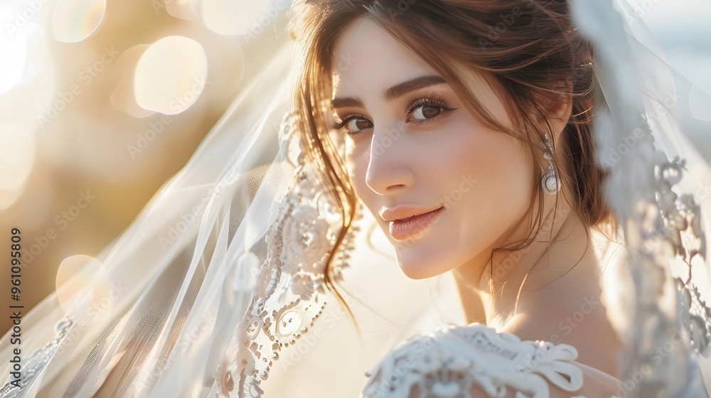 Beautiful Bride in Veil and Lace Dress with Golden Bokeh Lights Beautiful Bride in Veil and Lace Dress with Golden Bokeh Lights