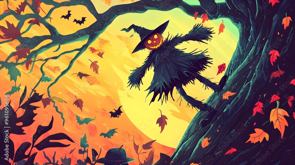 Halloween Scarecrow in Autumn Forest with Full Moon Halloween Scarecrow in Autumn Forest with Full Moon