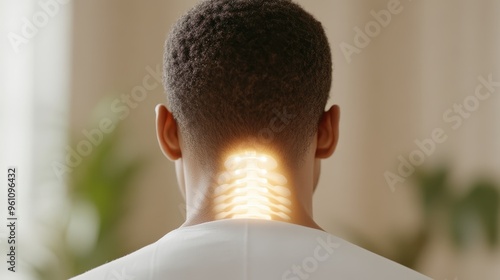 Person Undergoing Electrotherapy for Spinal Condition with Glowing Neck Light photo