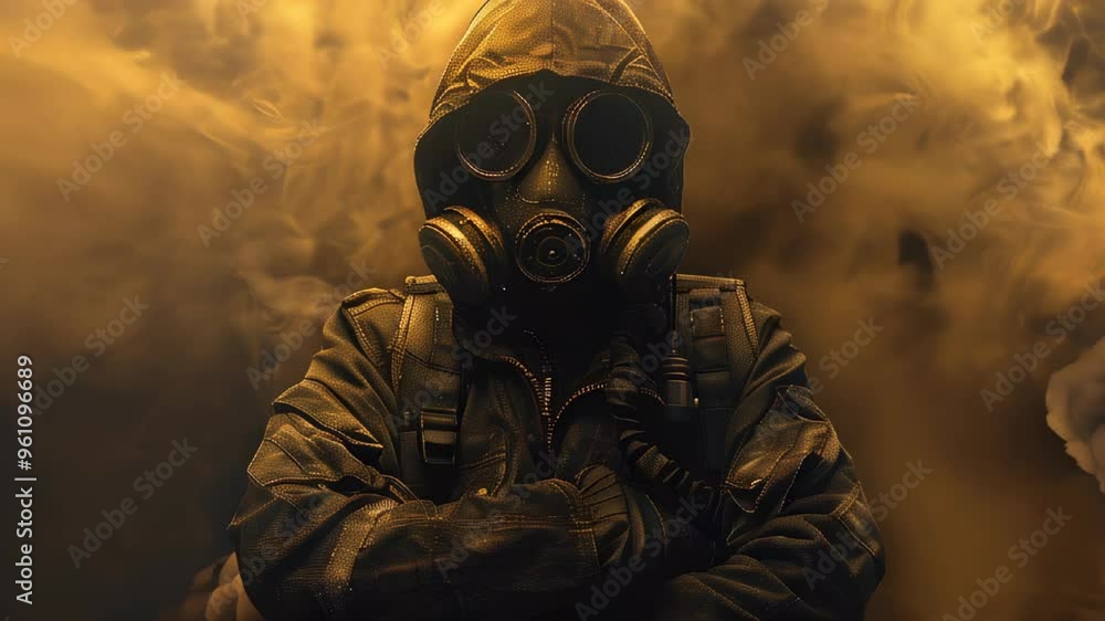 Mysterious figure in gas mask emerges from smoke during twilight hours in an eerie location Mysterious figure in gas mask emerges from smoke during twilight hours in an eerie location