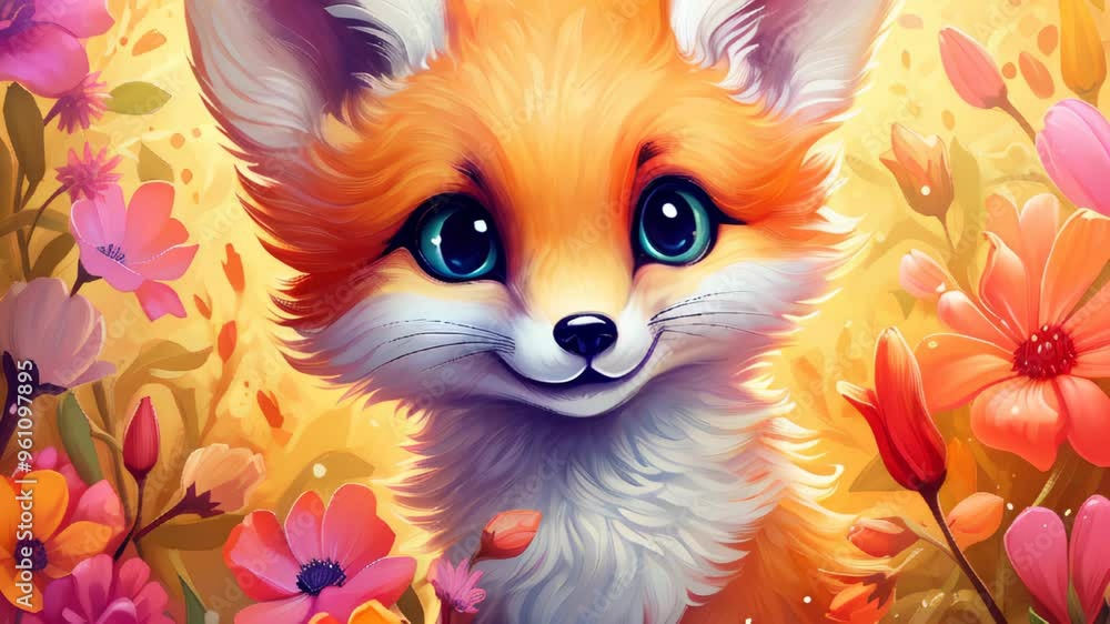 A playful fox surrounded by colorful flowers in a vibrant and cheerful meadow setting A playful fox surrounded by colorful flowers in a vibrant and cheerful meadow setting