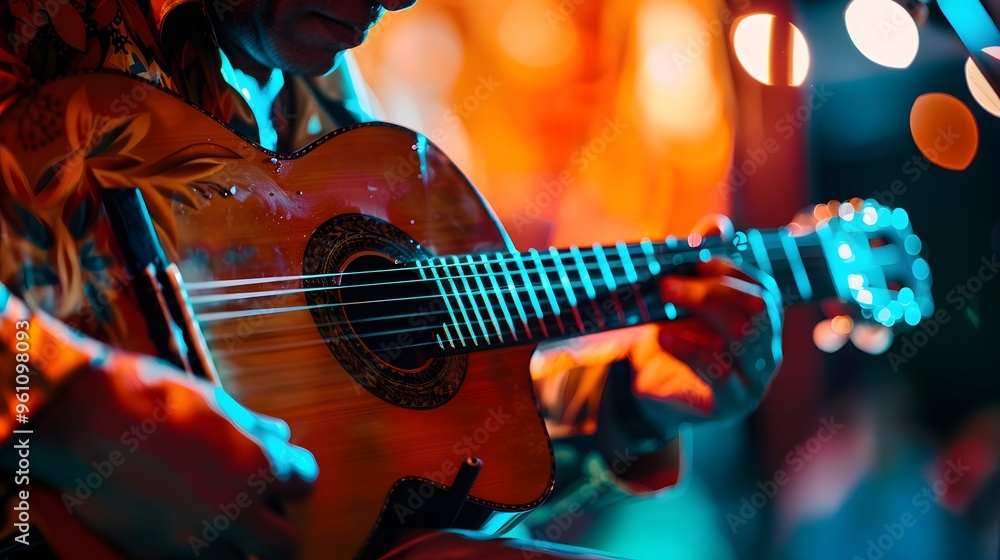 Fototapeta premium Closeup of a Guitarist Playing on Stage