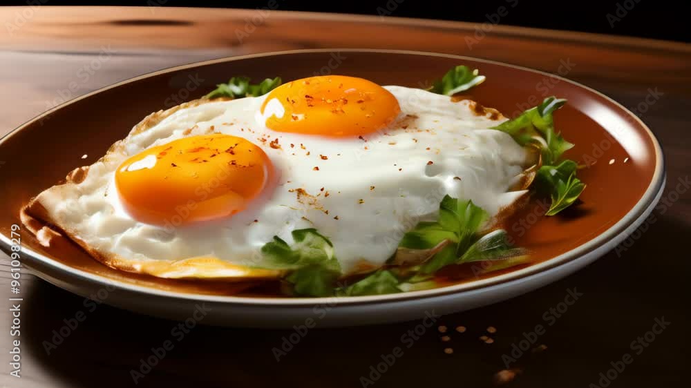 Cooking perfectly fried eggs with bright orange yolks on a rustic wooden table Cooking perfectly fried eggs with bright orange yolks on a rustic wooden table
