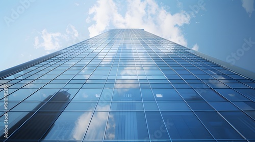 Glass facade of a skyscraper against blue sky