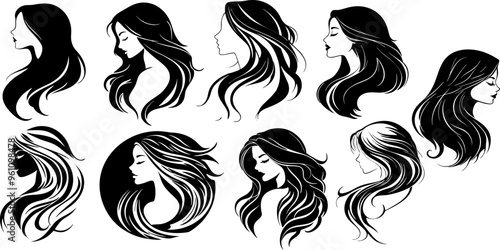 collection of silhouette designs of young women's faces with long hair styles