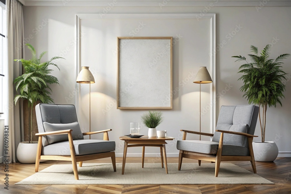 Two armchairs in room with white wall and big frame poster on it. Scandinavian style interior design of modern living room Two armchairs in room with white wall and big frame poster on it. Scandinavian style interior design of modern living room