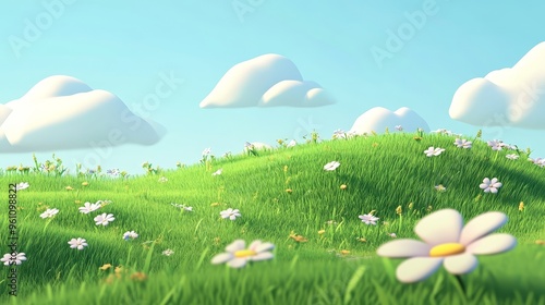 Cartoon Green Grass Field with White Flowers and Clouds