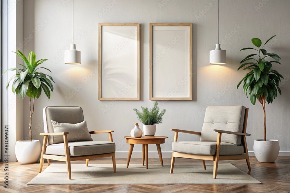 Two armchairs in room with white wall and big frame poster on it. Scandinavian style interior design of modern living room Two armchairs in room with white wall and big frame poster on it. Scandinavian style interior design of modern living room