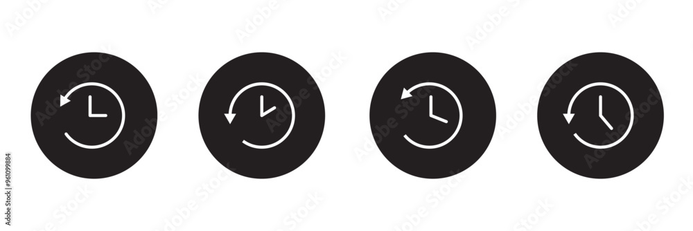 Rewind time. Clock with reverse arrow, linear style icon. Clock showing time with a reverse arrow indicating backward or previous time. Editable stroke width. Rewind time. Clock with reverse arrow, linear style icon. Clock showing time with a reverse arrow indicating backward or previous time. Editable stroke width.