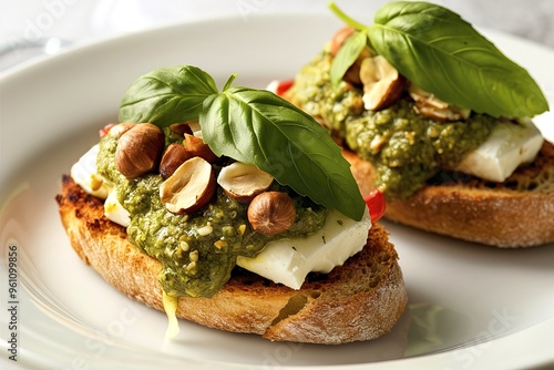 A mouthwatering photograph of bruschetta artfully arranged on a white background photo