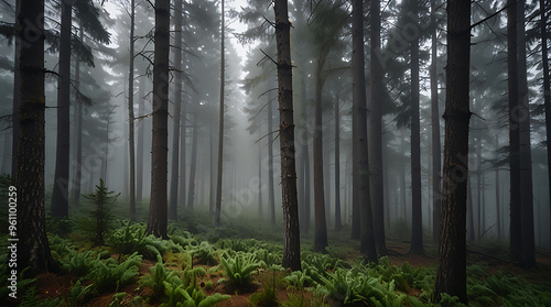 Foggy morning in a dense pine forest with towering trees, soft light filtering through the mist, creating a mystical and peaceful atmosphere. Ideal for nature, tranquility, and landscape photography.