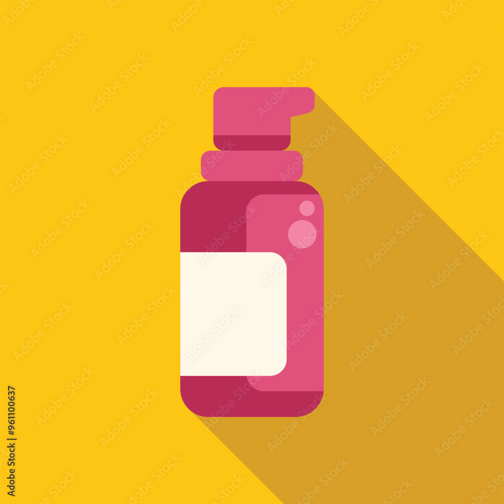 Pink cosmetic bottle with dispenser mockup standing on yellow background with long shadow, packaging for lotion, body milk Pink cosmetic bottle with dispenser mockup standing on yellow background with long shadow, packaging for lotion, body milk