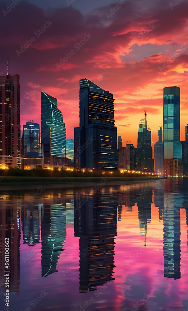 Fototapeta premium An urban skyline at dusk with illuminated skyscrapers, city lights reflecting on the river, and a vibrant mix of colors in the sky. Ideal for showcasing modern cityscapes, nightlife, and architectural