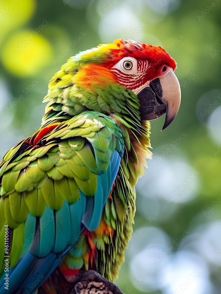 A colorful parrot with green and red feathers on its head