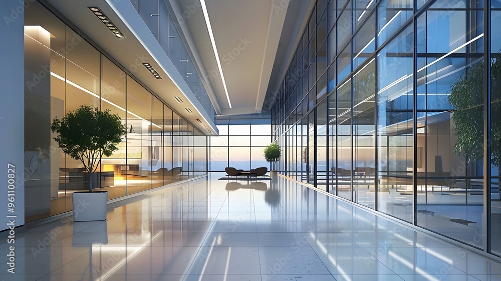 Modern Office Lobby with Glass Walls and City View Modern Office Lobby with Glass Walls and City View