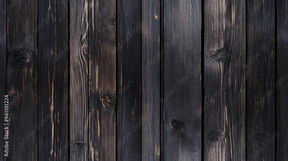 Naklejka premium Dark Wooden Planks with Signs of Wear and Aging - Textured Surface for Rustic and Vintage Design Concepts, Material Studies, and Photography.