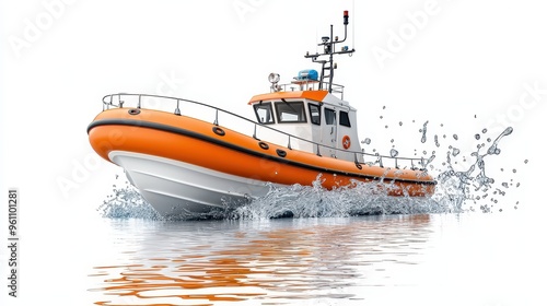 Rescue Boat Maneuvering Through Floodwaters on White Background