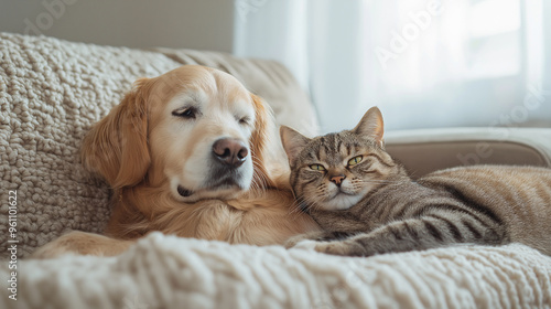 Golden retriever puppy sleeping on white sofa. photo