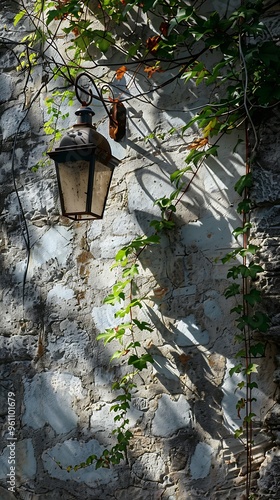 Weathered stone wall with green leaves, rusted wall lamp and beautiful sunlight, copy space, aesthetic wallpaper 