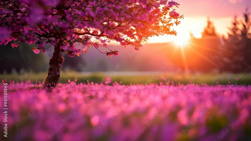 Beautiful sunset illuminating blooming flowers beneath a cherry blossom tree in springtime park Beautiful sunset illuminating blooming flowers beneath a cherry blossom tree in springtime park