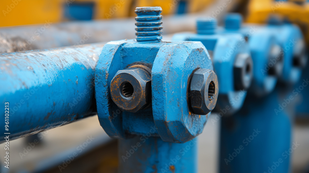 Close-up of steel pipe with nuts and bolts. Industrial background Close-up of steel pipe with nuts and bolts. Industrial background