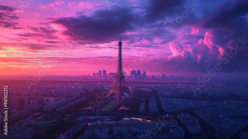 Eiffel Tower at Dusk with Pink Clouds