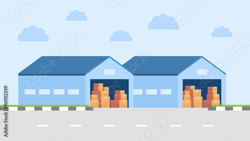 A cartoon illustration of warehouse building with door open and boxes