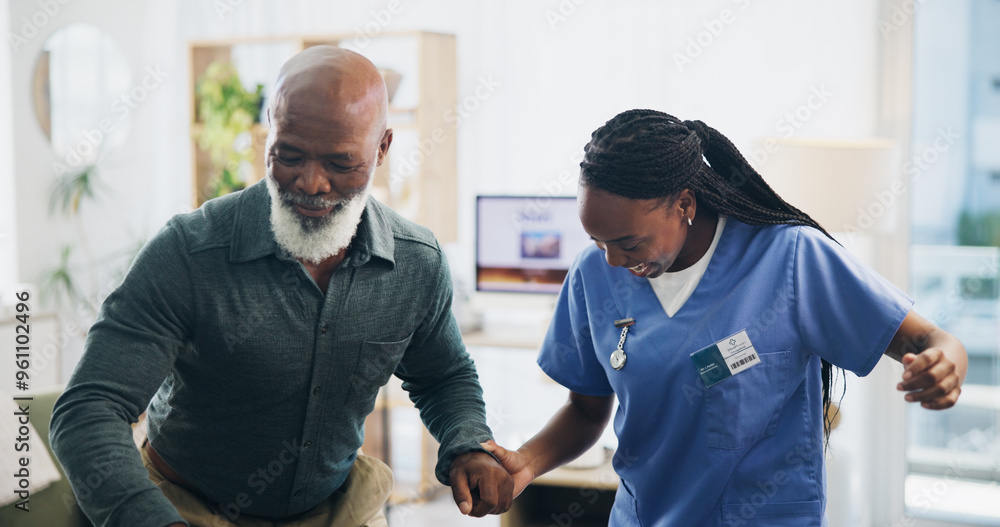 Obraz premium Nurse, senior man and recovery with walking in home for injury, care and holding hands with steps in retirement. Black people, balance and elderly person with disability, support and rehabilitation