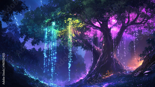 Magical Enchanted Forest with Glowing Trees and Ethereal Light Streams in Vibrant Colors Under a Starlit Night Sky – Fantasy Landscape Artwork for Mystical Imagery photo