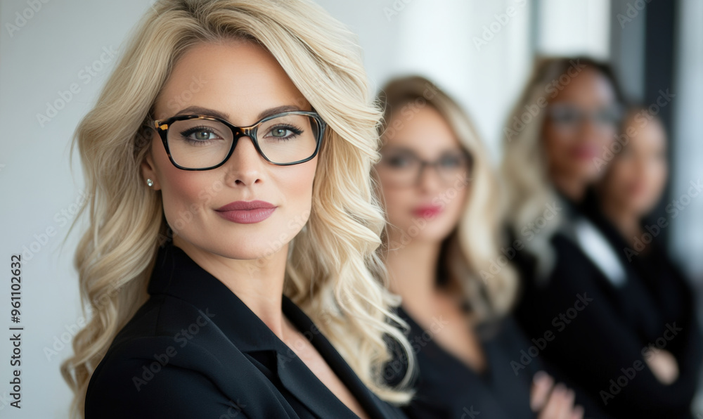 A woman with glasses is posing for a photo with three other women A woman with glasses is posing for a photo with three other women