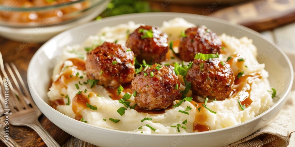 Meatballs accompanied by rich mashed potatoes Meatballs accompanied by rich mashed potatoes